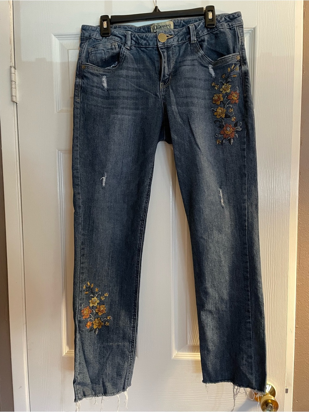 Democracy Dark Blue Straight Leg Jeans with Floral Embroidery